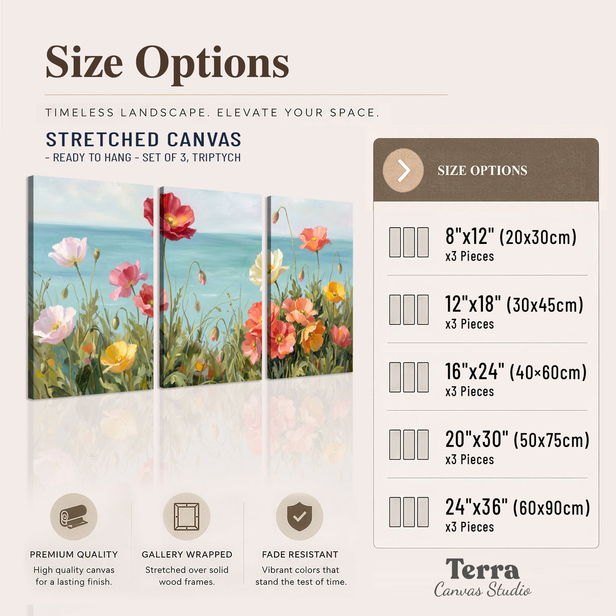 Colorful red, peach and yellow flowers beside a turquoise sea 3 piece canvas wall art available dimensions; triptych dimensions are per panel
