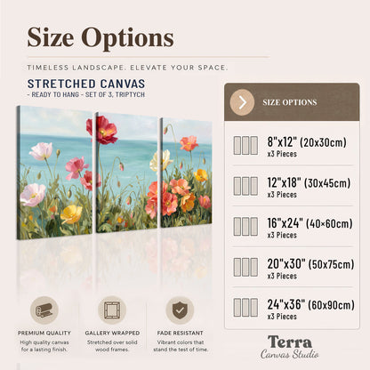 Colorful red, peach and yellow flowers beside a turquoise sea 3 piece canvas wall art available dimensions; triptych dimensions are per panel