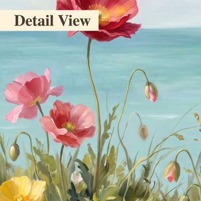 Colorful red, peach and yellow flowers beside a turquoise sea 3 piece canvas wall art artwork detail close up