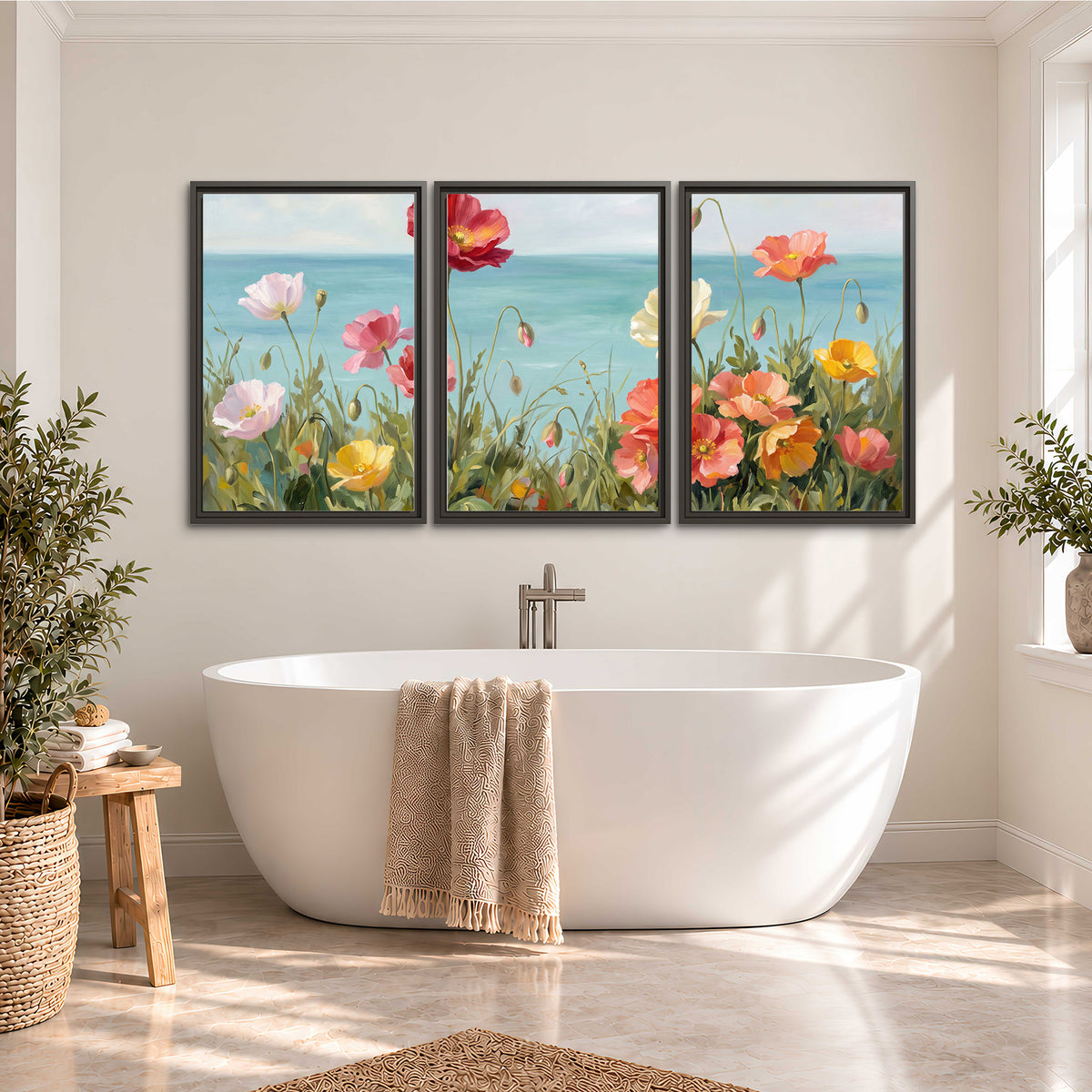 Colorful red, peach and yellow flowers beside a turquoise sea 3 piece framed canvas wall art styled in an interior