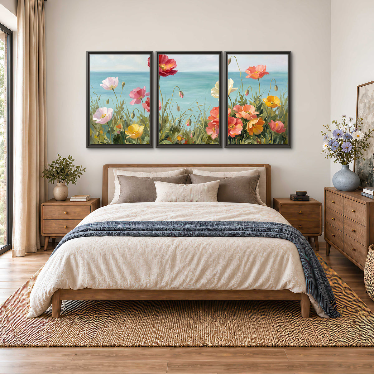 Colorful red, peach and yellow flowers beside a turquoise sea 3 piece framed canvas wall art styled in an interior