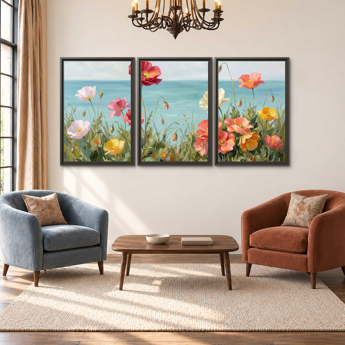 Colorful red, peach and yellow flowers beside a turquoise sea 3 piece framed canvas wall art styled in an interior