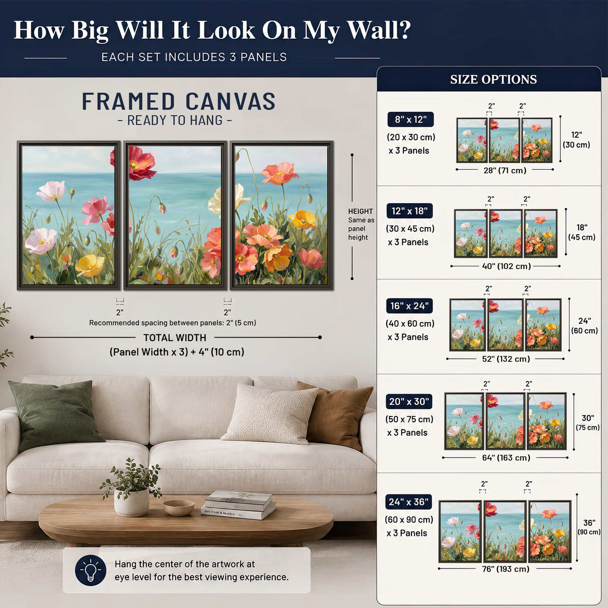Colorful red, peach and yellow flowers beside a turquoise sea 3 piece framed canvas wall art size guide above a sofa; room view is illustrative