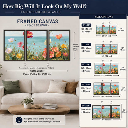 Colorful red, peach and yellow flowers beside a turquoise sea 3 piece framed canvas wall art size guide above a sofa; room view is illustrative