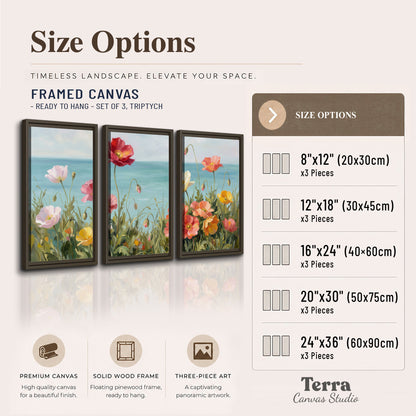 Colorful red, peach and yellow flowers beside a turquoise sea 3 piece framed canvas wall art available dimensions; triptych dimensions are per panel