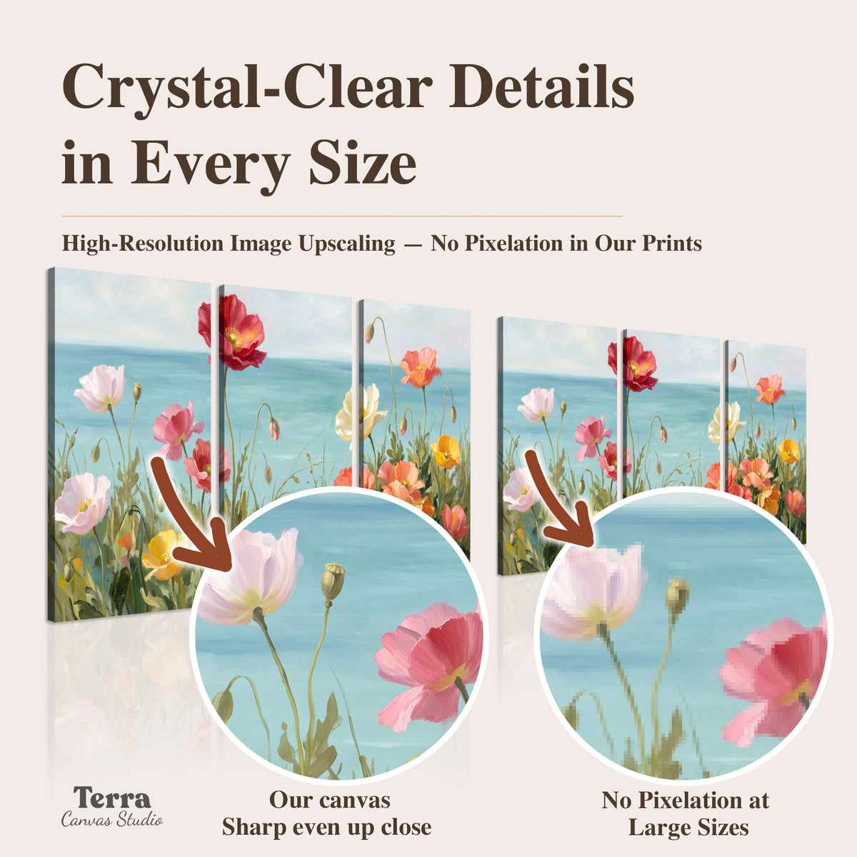 Colorful red, peach and yellow flowers beside a turquoise sea artwork quality information