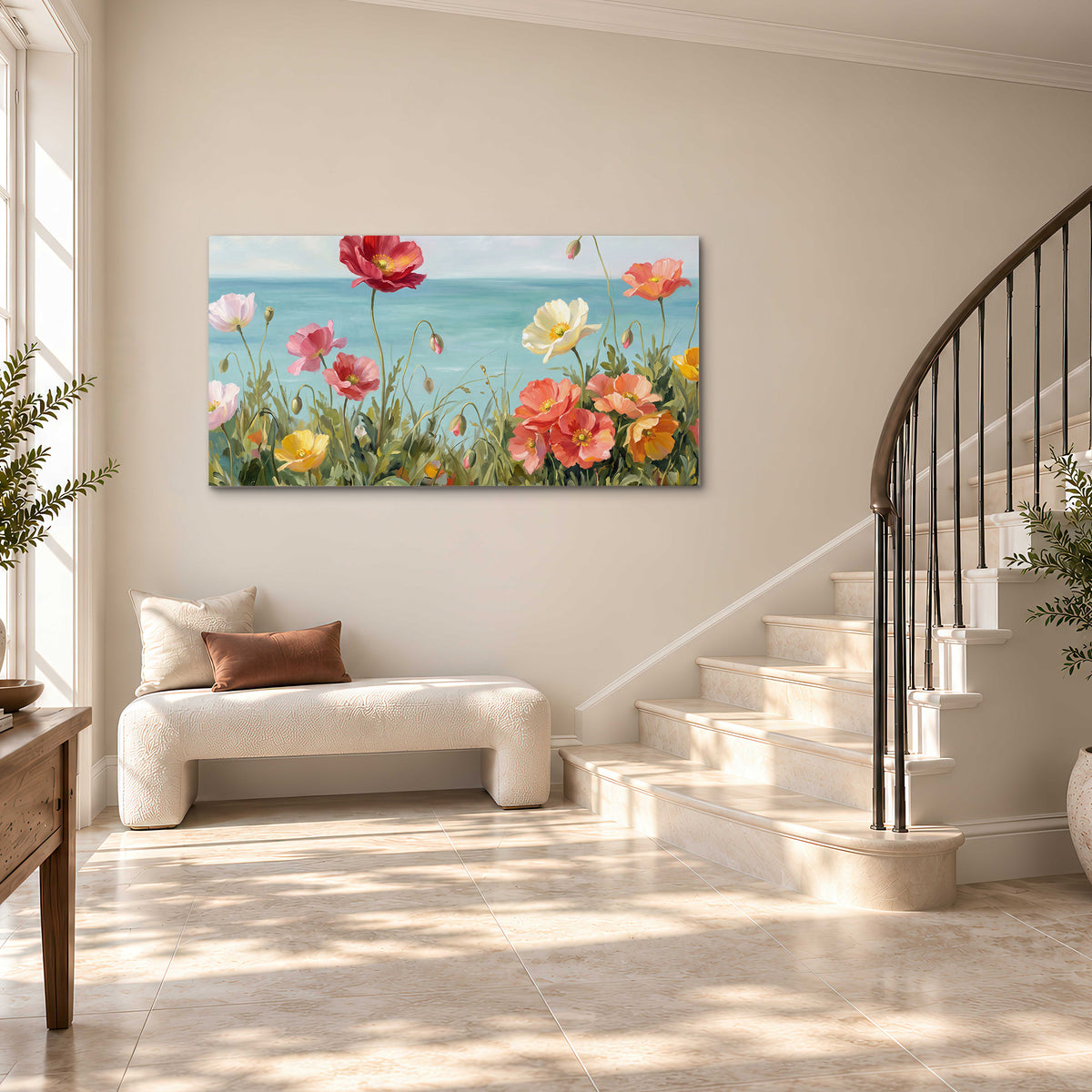 Colorful red, peach and yellow flowers beside a turquoise sea single canvas wall art styled in an interior