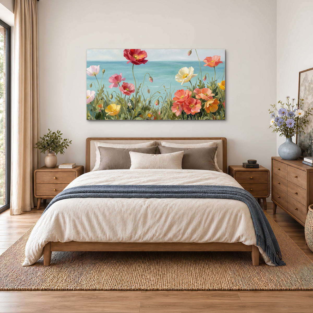 Colorful red, peach and yellow flowers beside a turquoise sea single canvas wall art styled in an interior