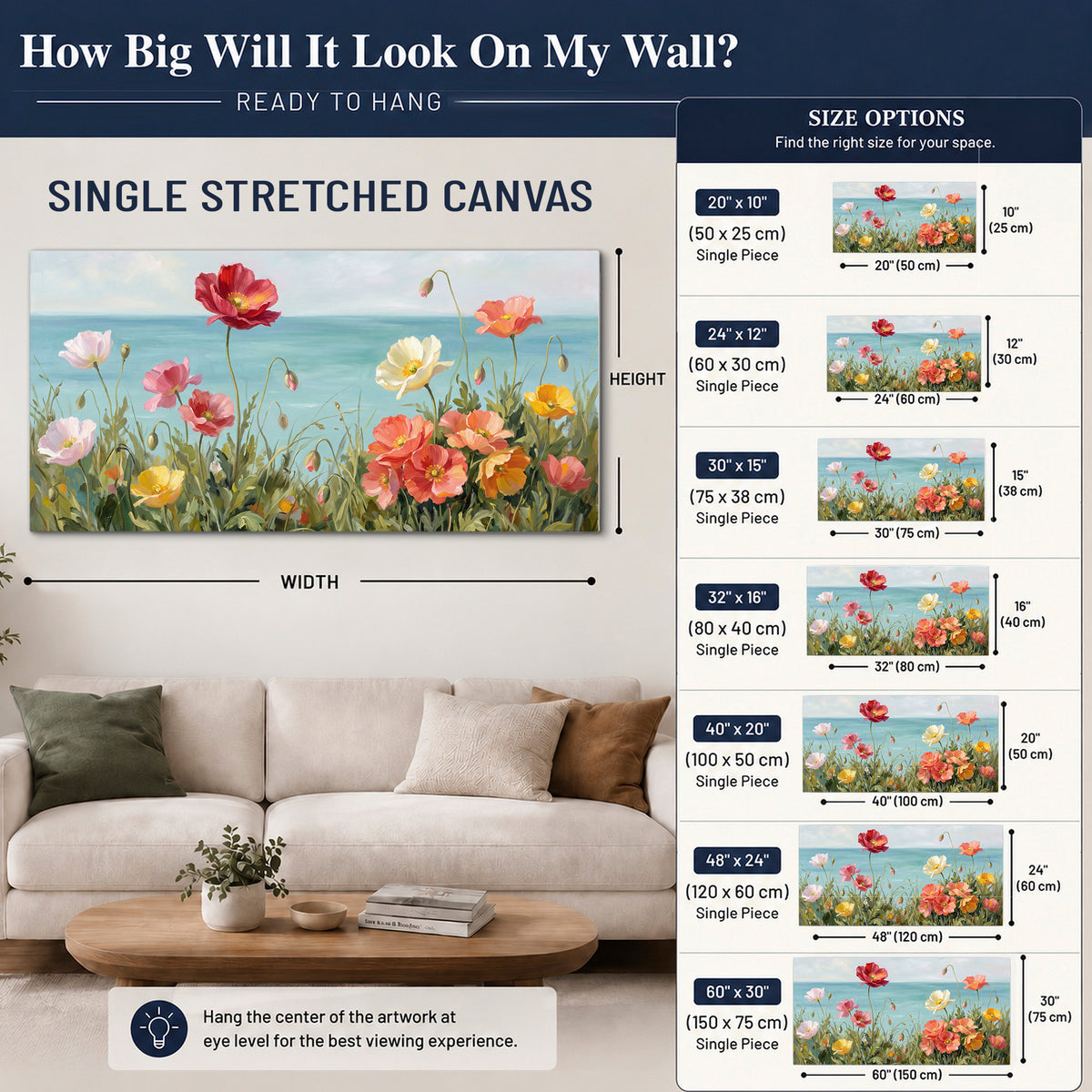 Colorful red, peach and yellow flowers beside a turquoise sea single canvas wall art size guide above a sofa; room view is illustrative