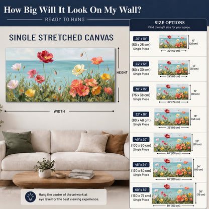 Colorful red, peach and yellow flowers beside a turquoise sea single canvas wall art size guide above a sofa; room view is illustrative