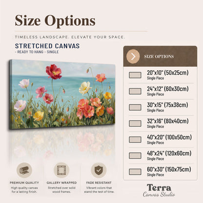Colorful red, peach and yellow flowers beside a turquoise sea single canvas wall art available dimensions