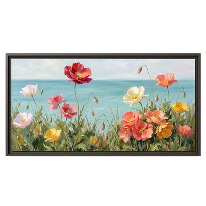 Colorful red, peach and yellow flowers beside a turquoise sea single framed canvas wall art viewed straight on