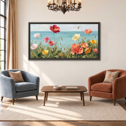 Colorful red, peach and yellow flowers beside a turquoise sea single framed canvas wall art styled in an interior