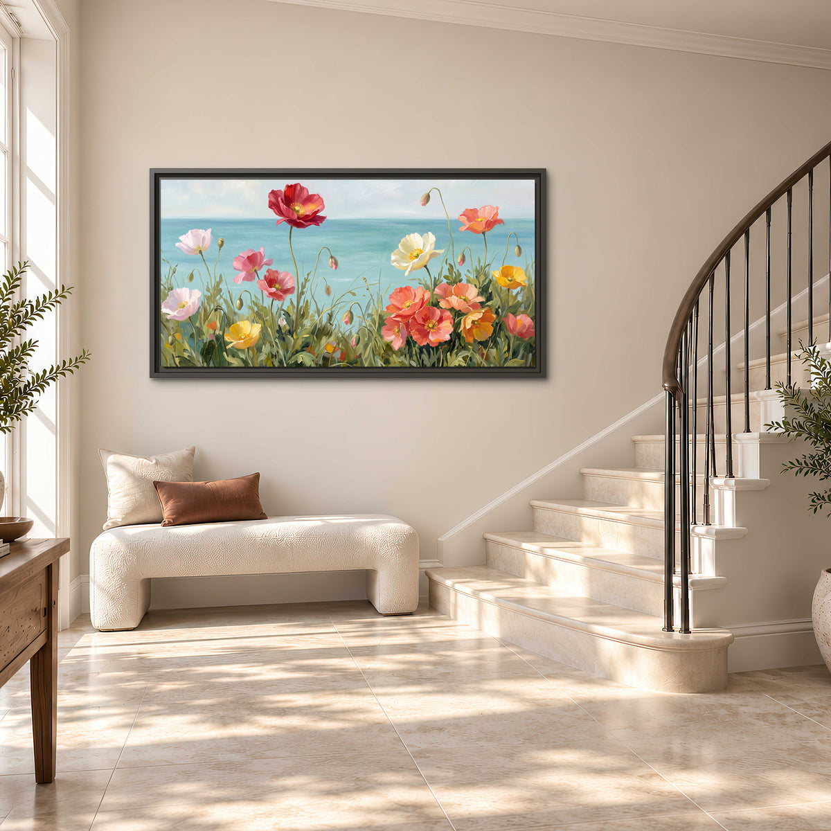 Colorful red, peach and yellow flowers beside a turquoise sea single framed canvas wall art styled in an interior