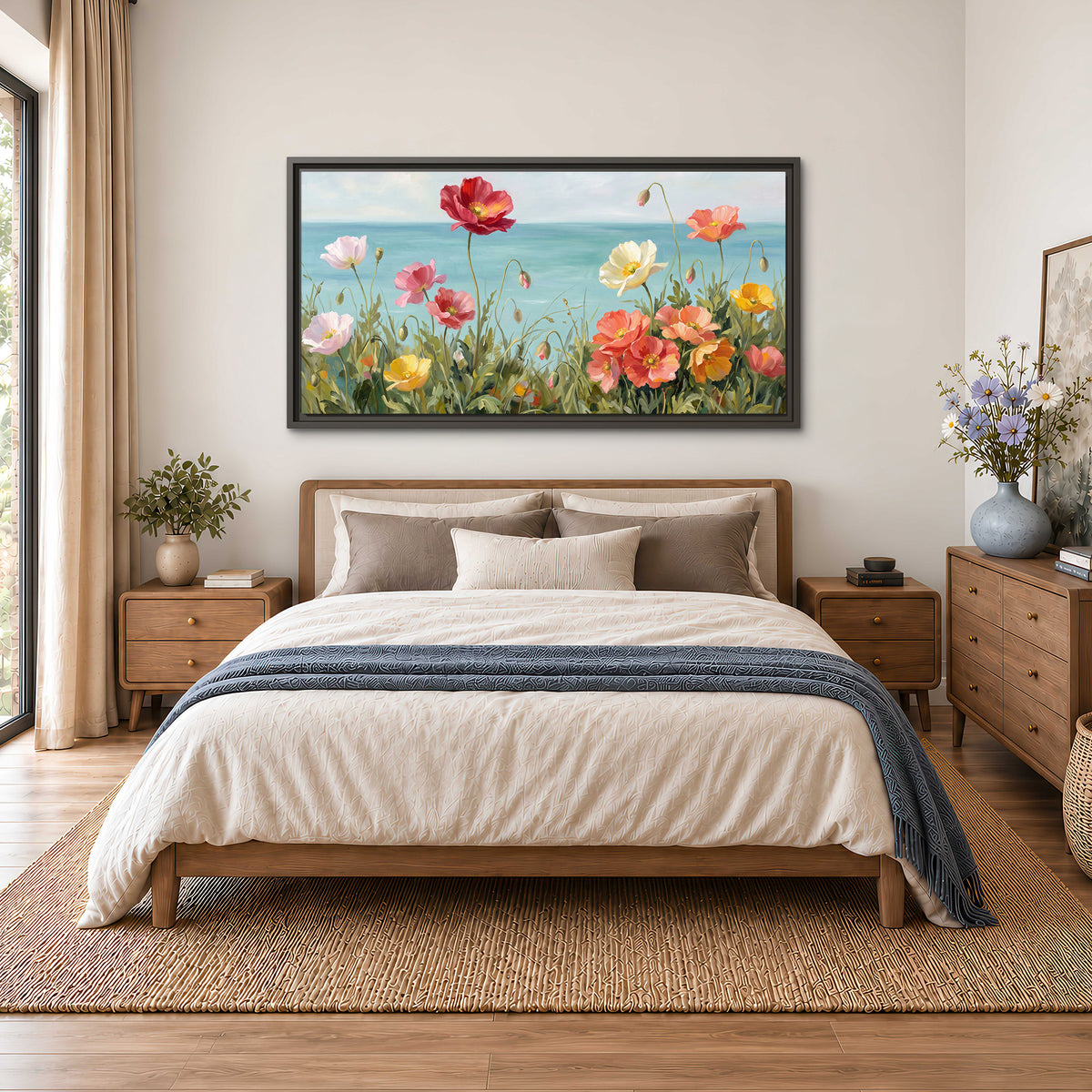 Colorful red, peach and yellow flowers beside a turquoise sea single framed canvas wall art styled in an interior