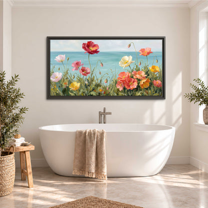 Colorful red, peach and yellow flowers beside a turquoise sea single framed canvas wall art styled in an interior
