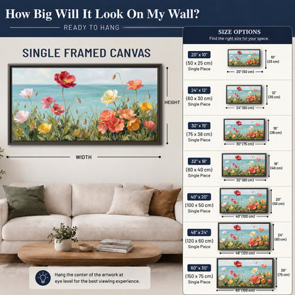 Colorful red, peach and yellow flowers beside a turquoise sea single framed canvas wall art size guide above a sofa; room view is illustrative