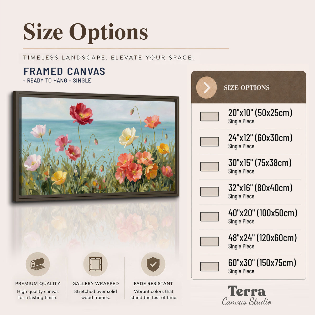 Colorful red, peach and yellow flowers beside a turquoise sea single framed canvas wall art available dimensions