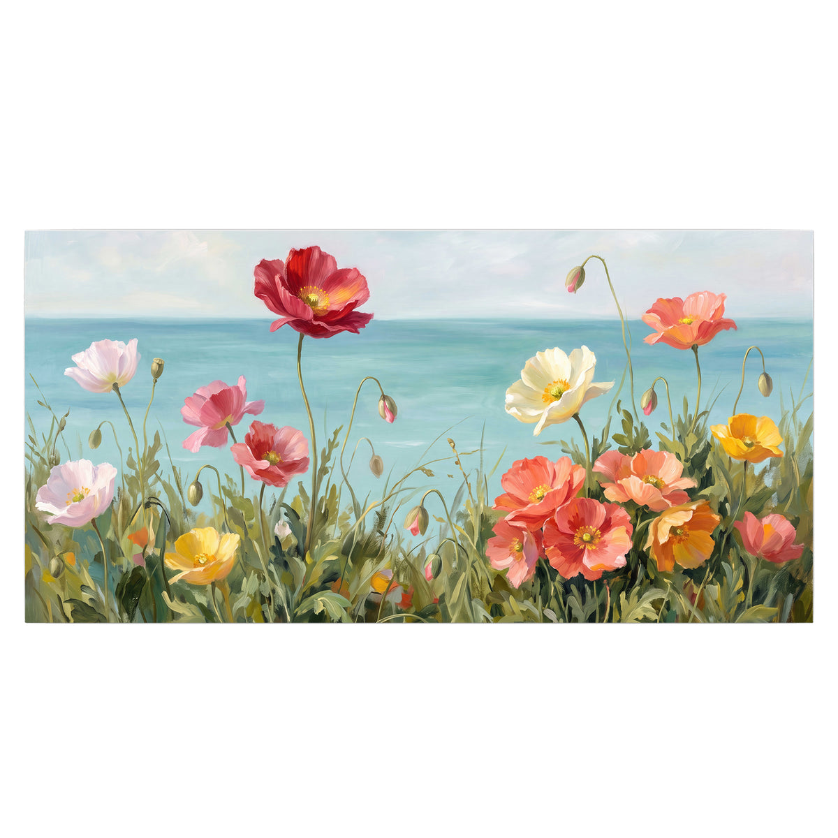 Colorful red, peach and yellow flowers beside a turquoise sea single poster print viewed straight on