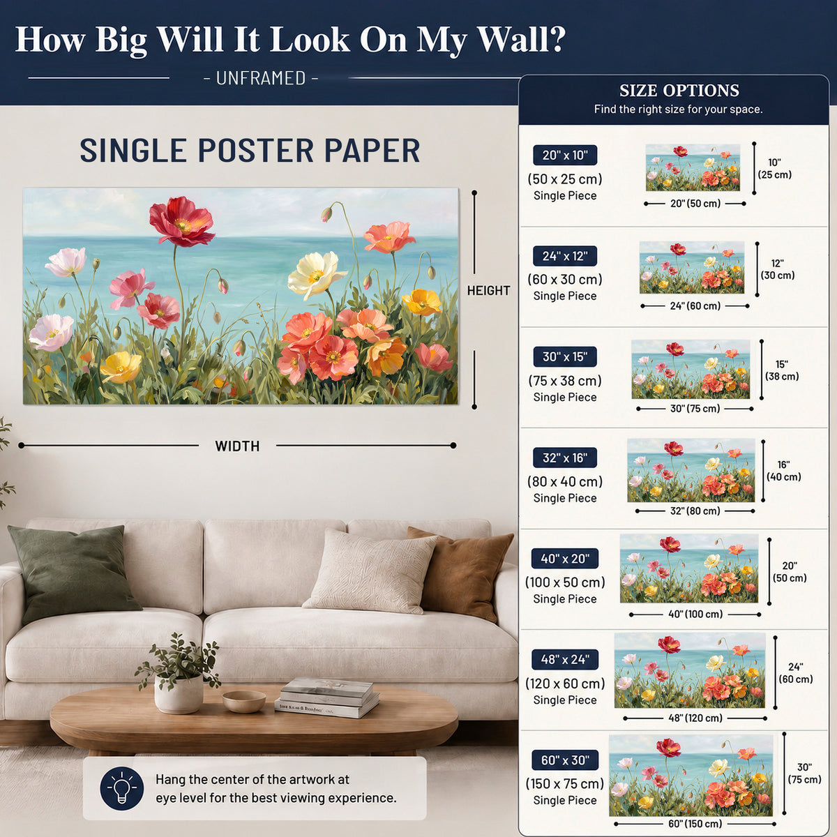 Colorful red, peach and yellow flowers beside a turquoise sea single poster print size guide above a sofa; room view is illustrative