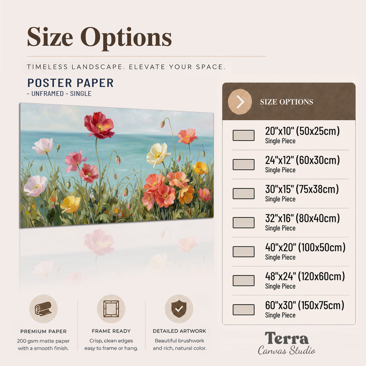 Colorful red, peach and yellow flowers beside a turquoise sea single poster print available dimensions