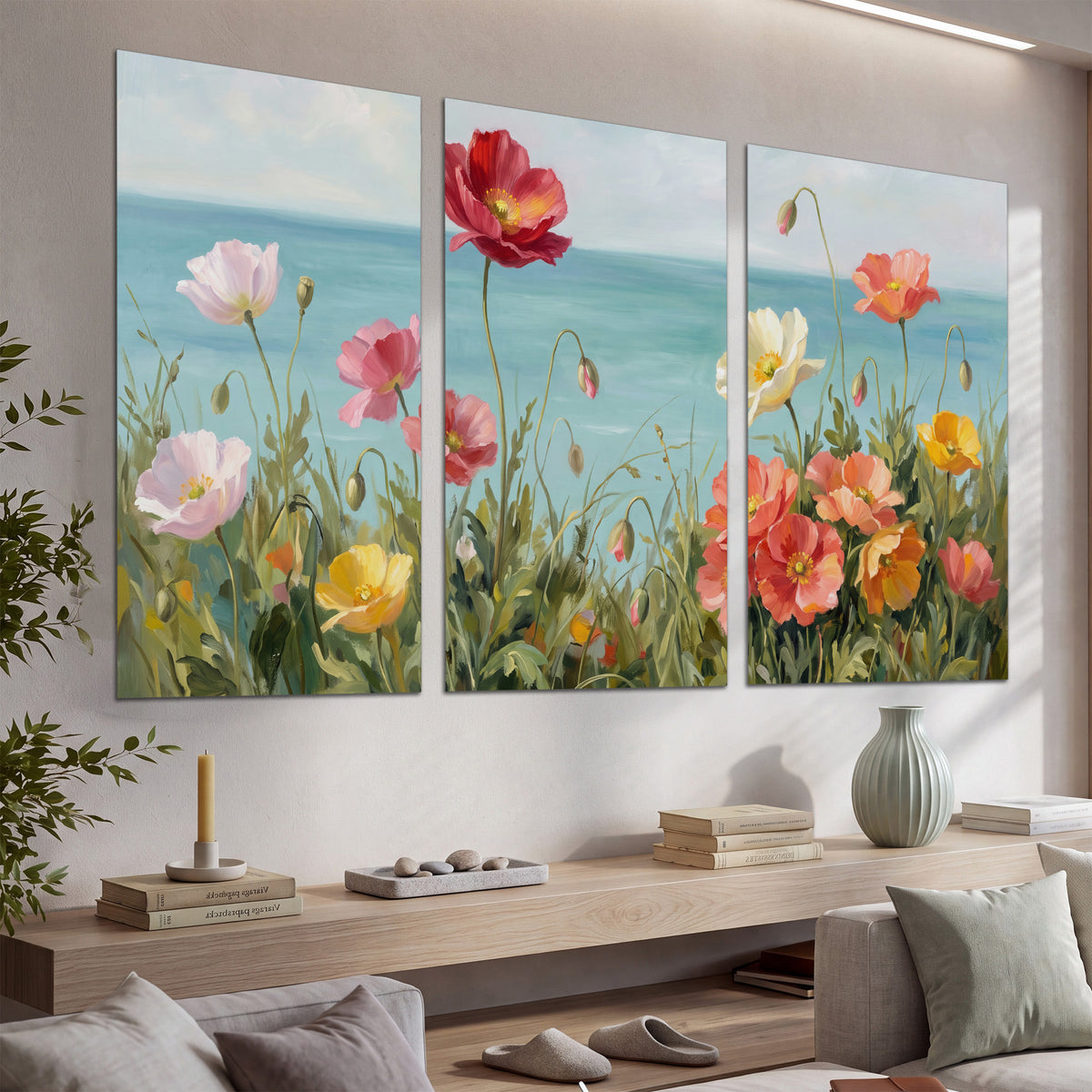 Colorful red, peach and yellow flowers beside a turquoise sea set of 3 poster prints displayed in a console
