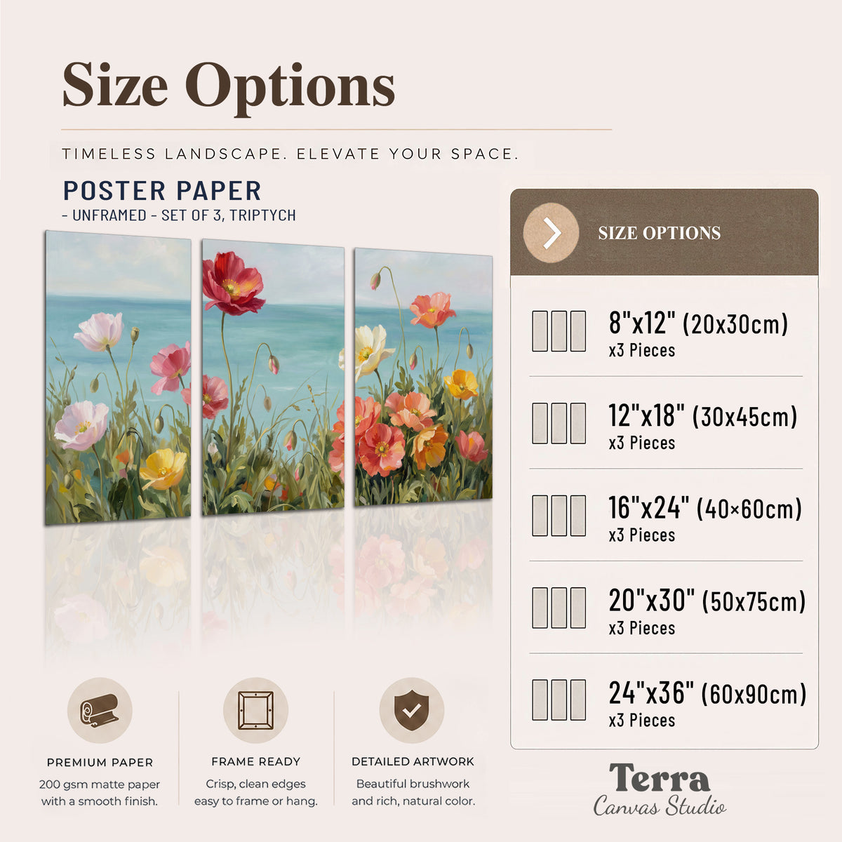 Colorful red, peach and yellow flowers beside a turquoise sea set of 3 poster prints available dimensions; triptych dimensions are per panel