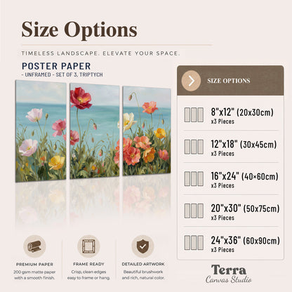 Colorful red, peach and yellow flowers beside a turquoise sea set of 3 poster prints available dimensions; triptych dimensions are per panel