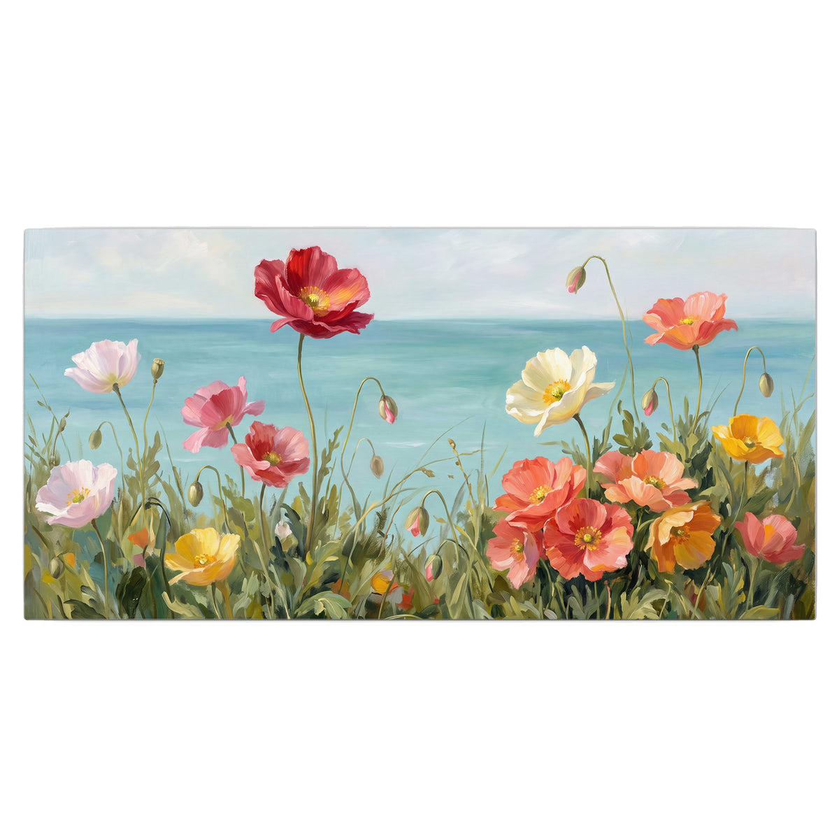 Colorful red, peach and yellow flowers beside a turquoise sea single canvas wall art viewed straight on