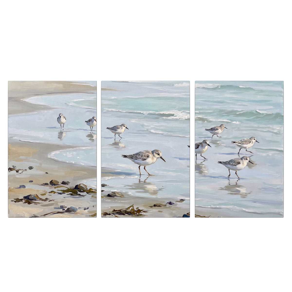 Small shorebirds standing along a pale blue shoreline 3 piece canvas wall art viewed straight on