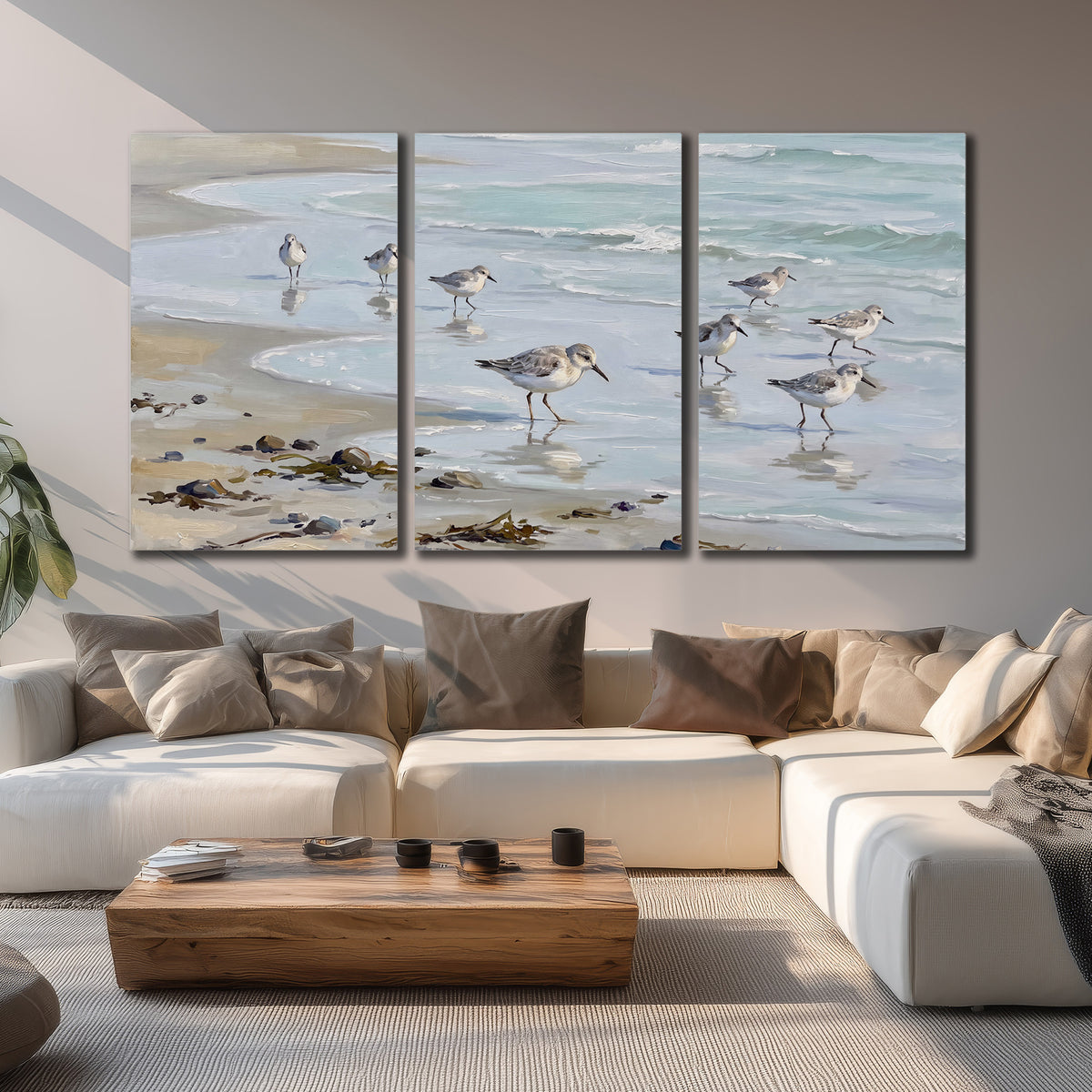 Small shorebirds standing along a pale blue shoreline 3 piece canvas wall art displayed in a living room