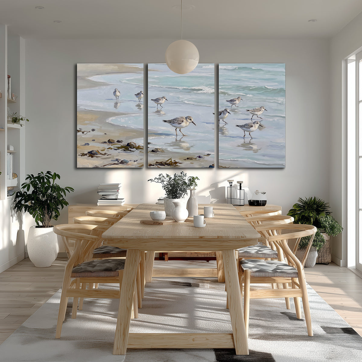 Small shorebirds standing along a pale blue shoreline 3 piece canvas wall art room and product view