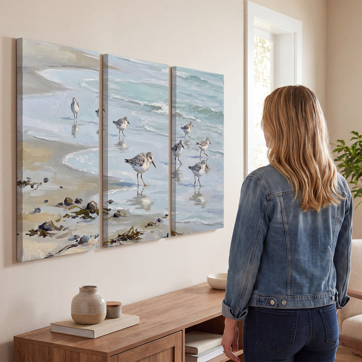 Small shorebirds standing along a pale blue shoreline 3 piece canvas wall art three panel arrangement on a wall