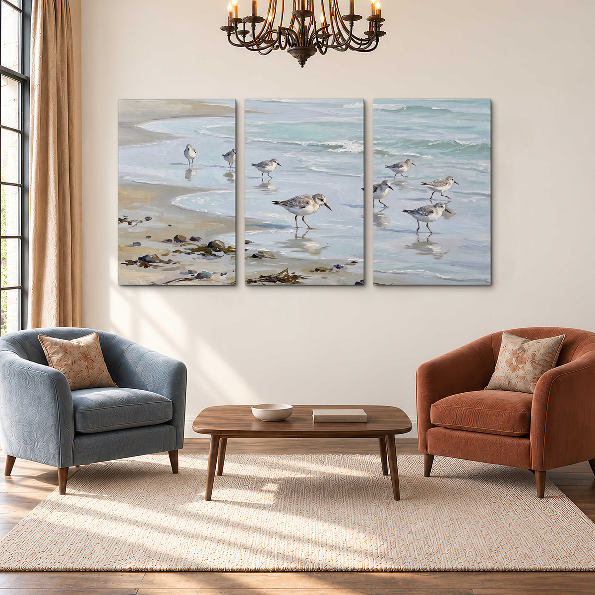 Small shorebirds standing along a pale blue shoreline 3 piece canvas wall art styled in an interior
