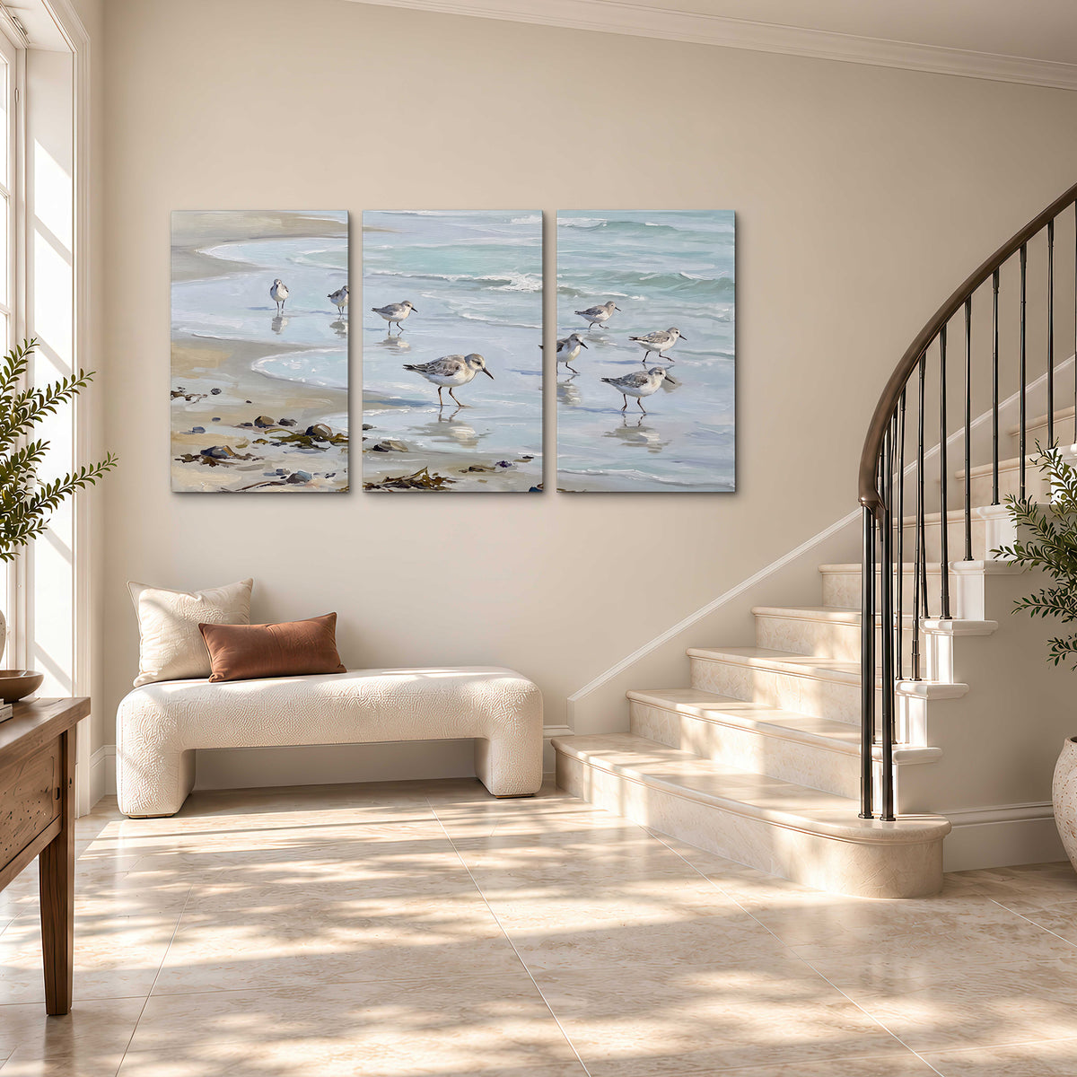 Small shorebirds standing along a pale blue shoreline 3 piece canvas wall art styled in an interior