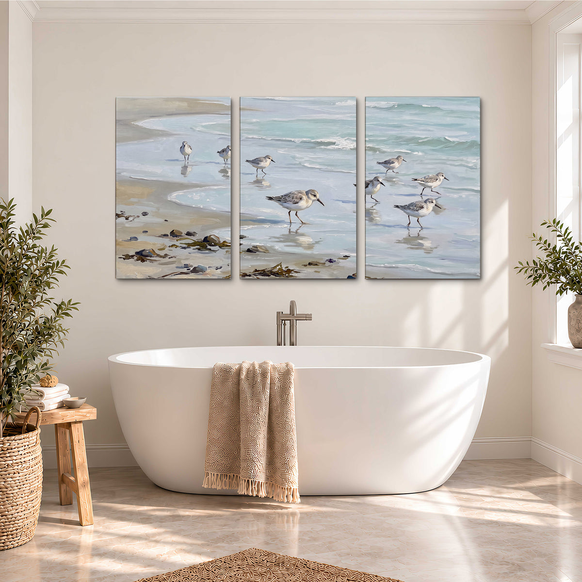 Small shorebirds standing along a pale blue shoreline 3 piece canvas wall art styled in an interior