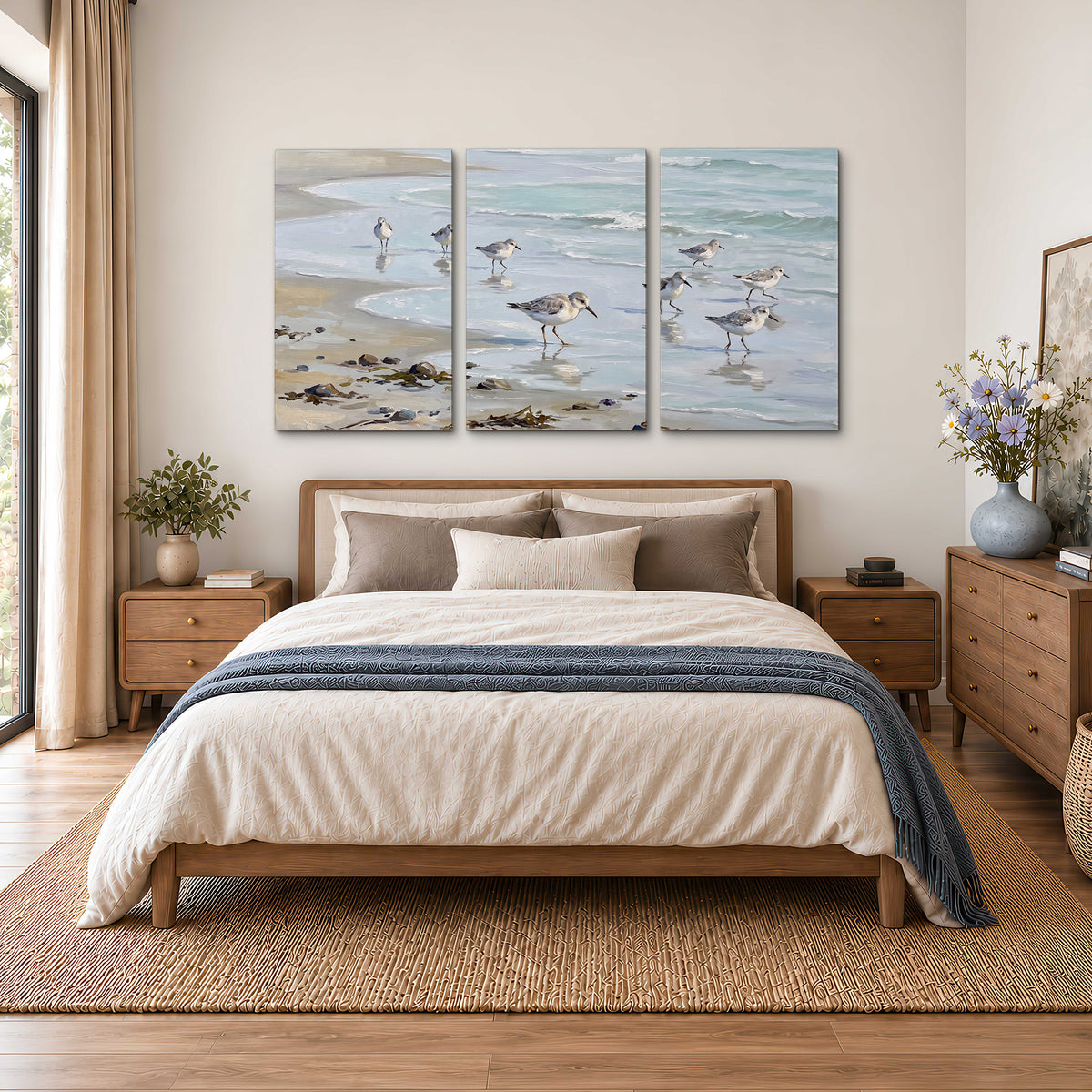 Small shorebirds standing along a pale blue shoreline 3 piece canvas wall art styled in an interior