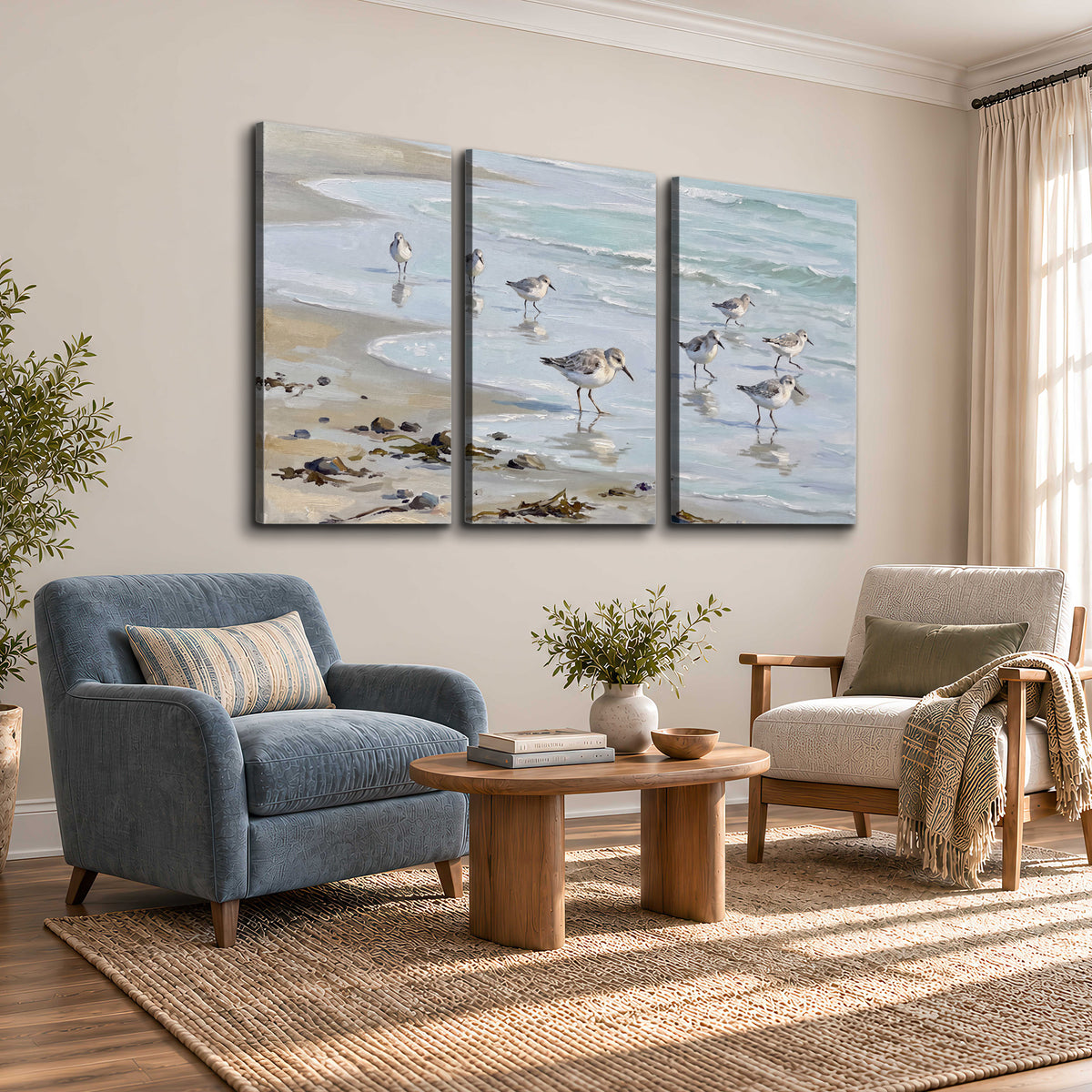 Small shorebirds standing along a pale blue shoreline 3 piece canvas wall art styled in an interior