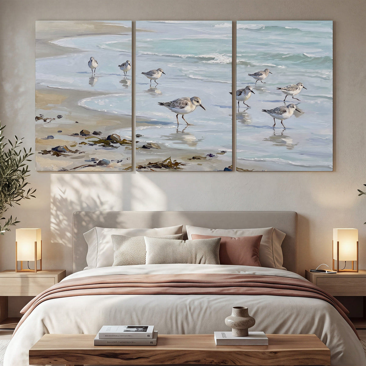 Small shorebirds standing along a pale blue shoreline 3 piece canvas wall art displayed in a bedroom