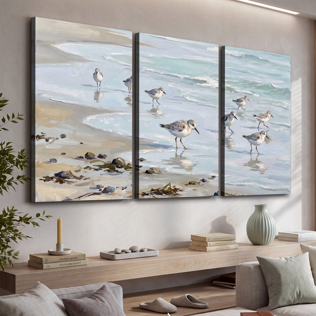 Small shorebirds standing along a pale blue shoreline 3 piece canvas wall art displayed in a console