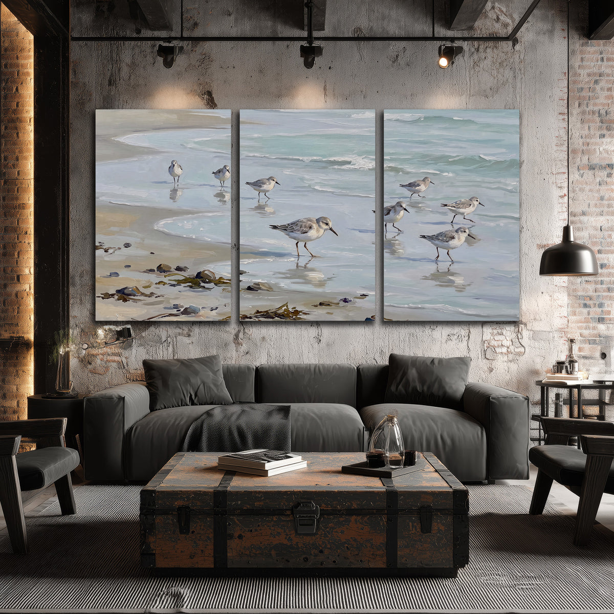 Small shorebirds standing along a pale blue shoreline 3 piece canvas wall art displayed in a industrial room