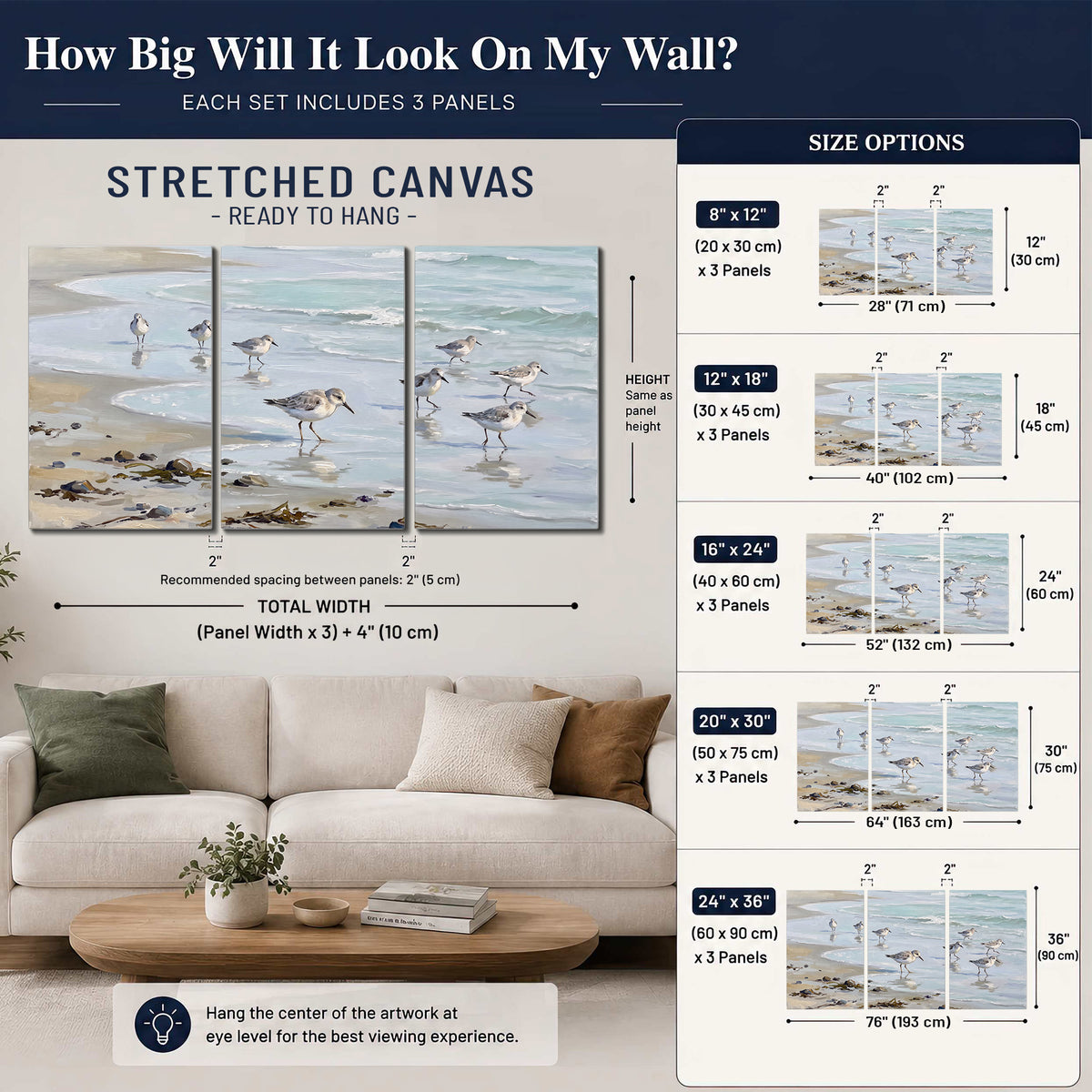 Small shorebirds standing along a pale blue shoreline 3 piece canvas wall art size guide above a sofa; room view is illustrative