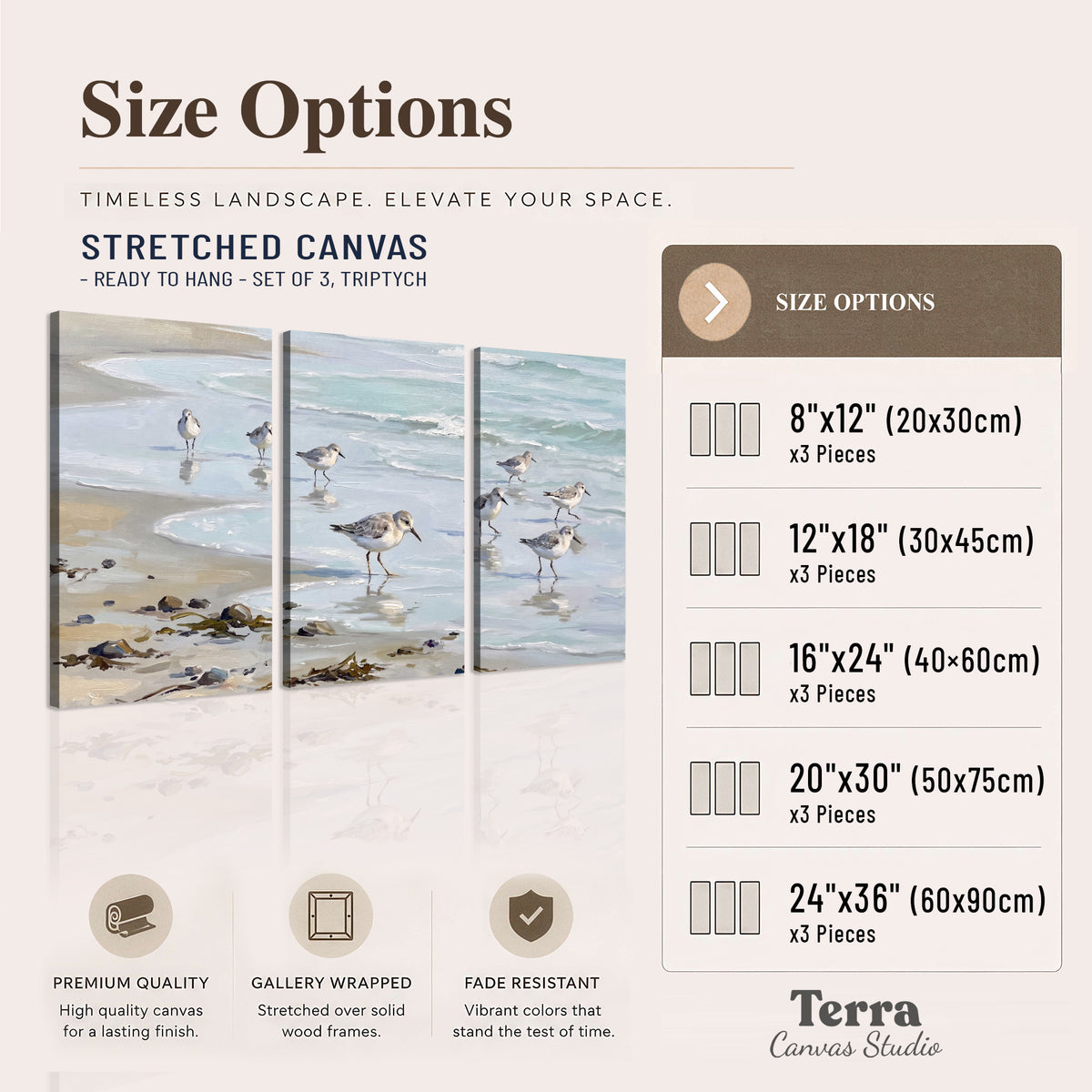Small shorebirds standing along a pale blue shoreline 3 piece canvas wall art available dimensions; triptych dimensions are per panel