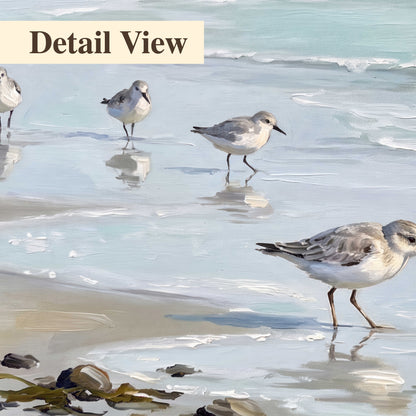 Small shorebirds standing along a pale blue shoreline 3 piece canvas wall art artwork detail close up