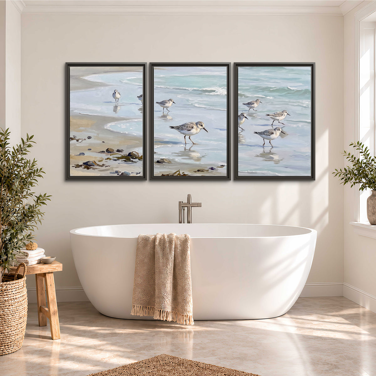 Small shorebirds standing along a pale blue shoreline 3 piece framed canvas wall art styled in an interior