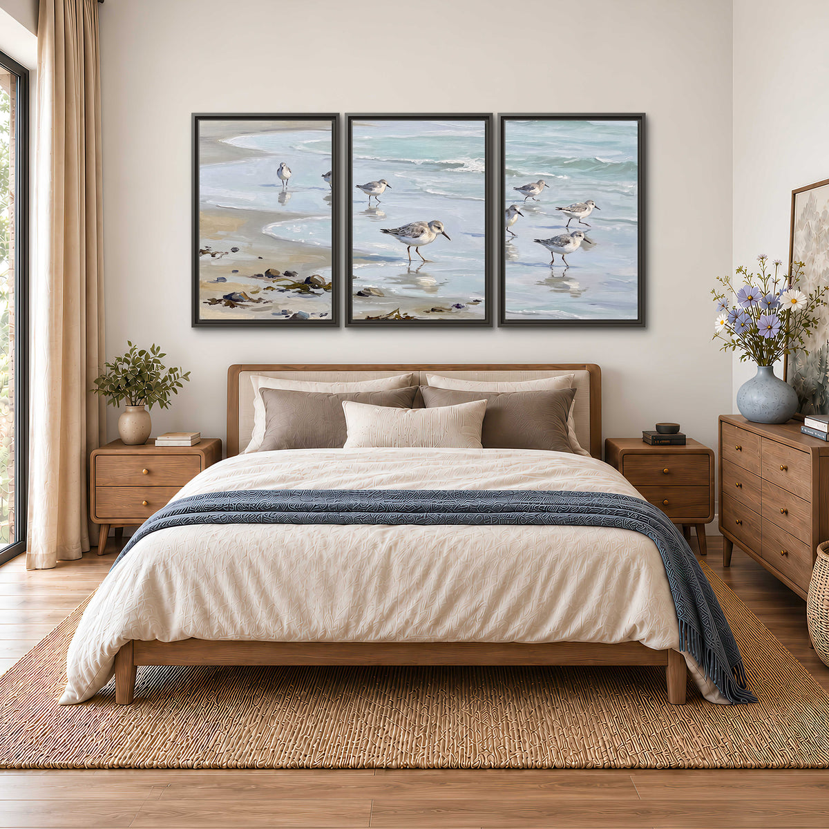 Small shorebirds standing along a pale blue shoreline 3 piece framed canvas wall art styled in an interior