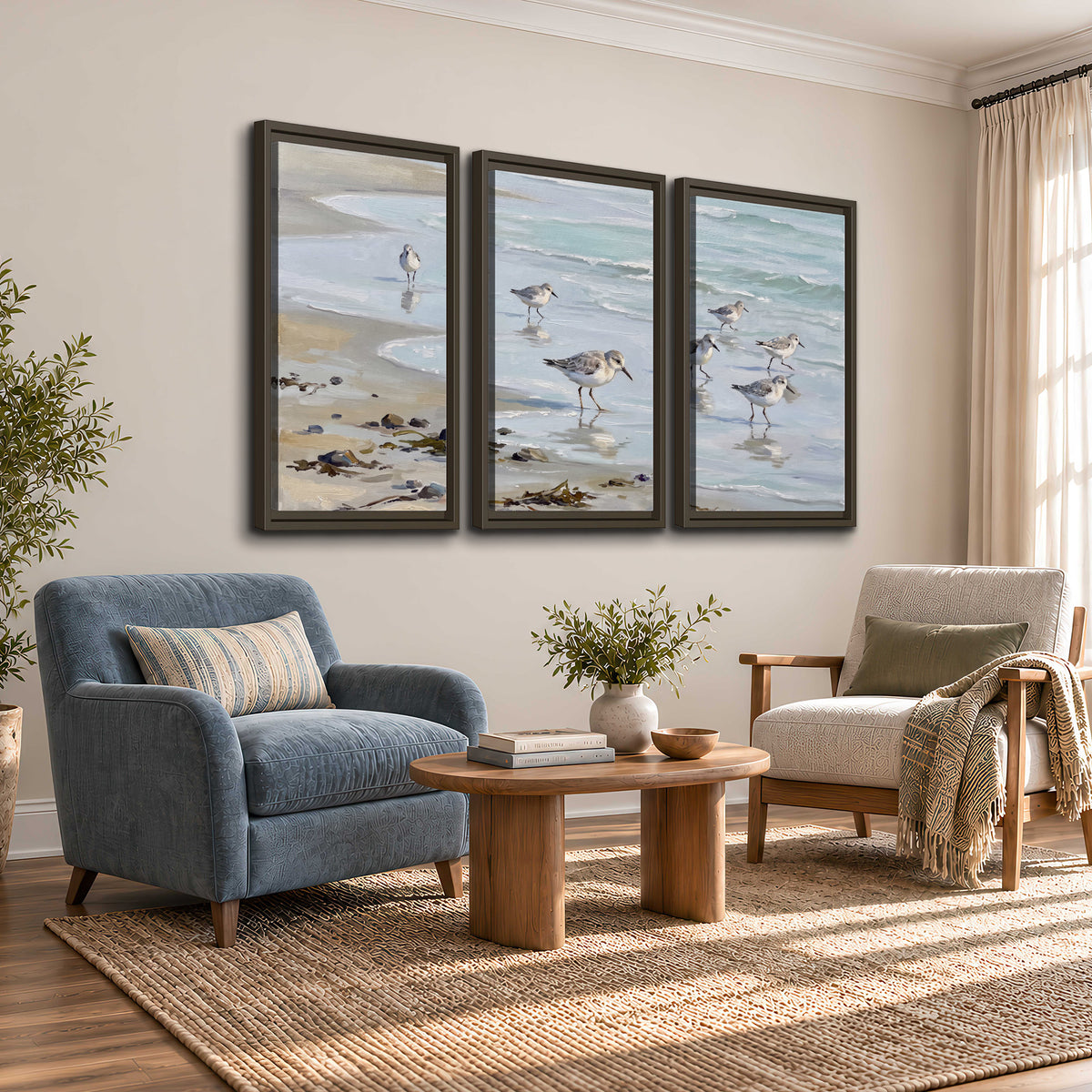 Small shorebirds standing along a pale blue shoreline 3 piece framed canvas wall art styled in an interior