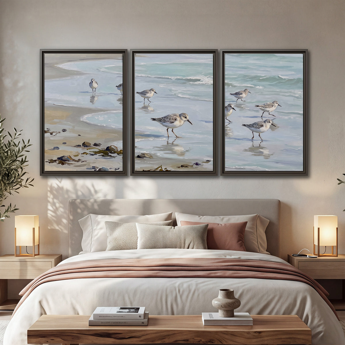 Small shorebirds standing along a pale blue shoreline 3 piece framed canvas wall art displayed in a bedroom
