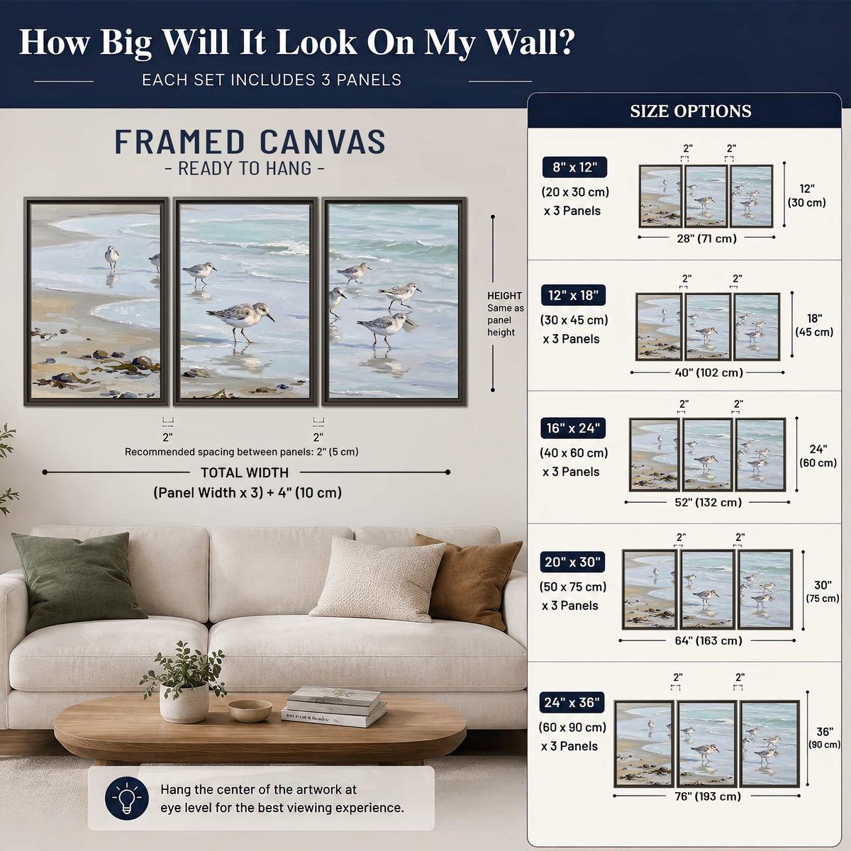 Small shorebirds standing along a pale blue shoreline 3 piece framed canvas wall art size guide above a sofa; room view is illustrative