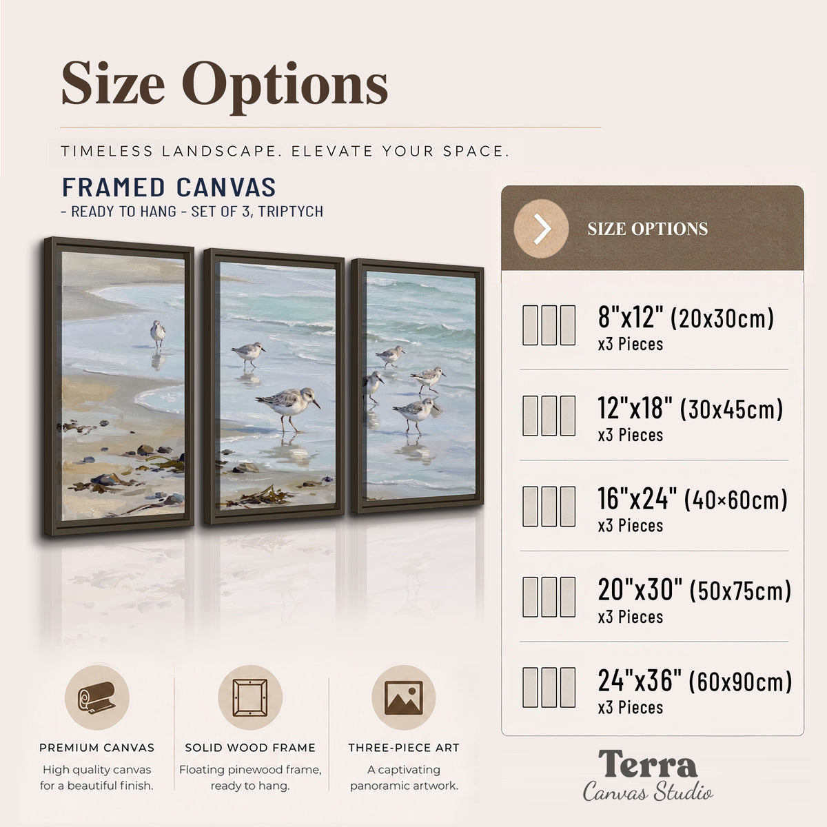 Small shorebirds standing along a pale blue shoreline 3 piece framed canvas wall art available dimensions; triptych dimensions are per panel